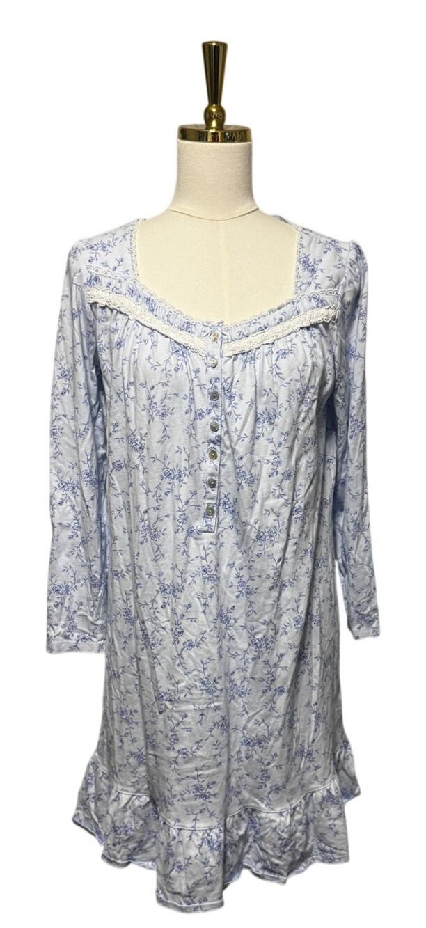 Eileen West Blue Floral Cotton Knit Long Sleeve Nightgown Lace Ruffle Hem Size S